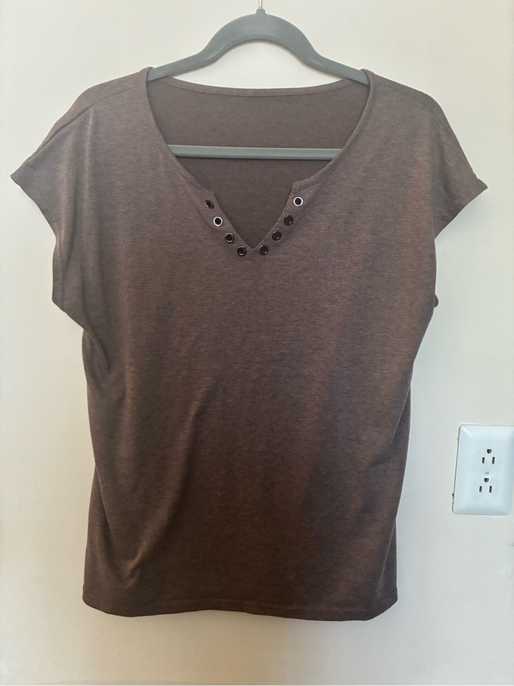 Women's Brown V-Neck Short Sleeve Top with Eyelet Detail